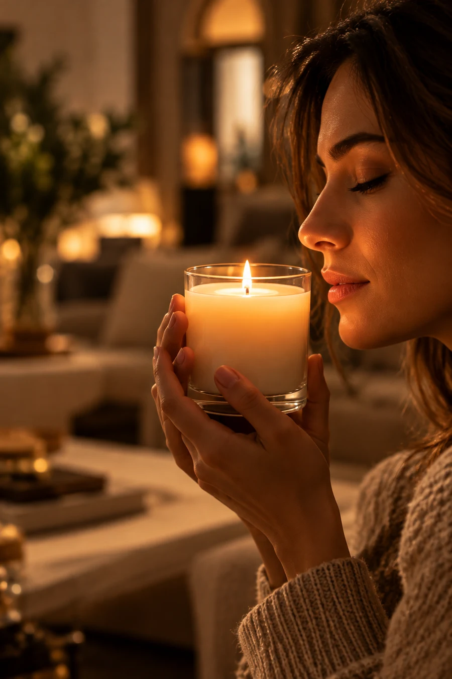 Mulher sentindo o aroma de uma vela Lumina acesa