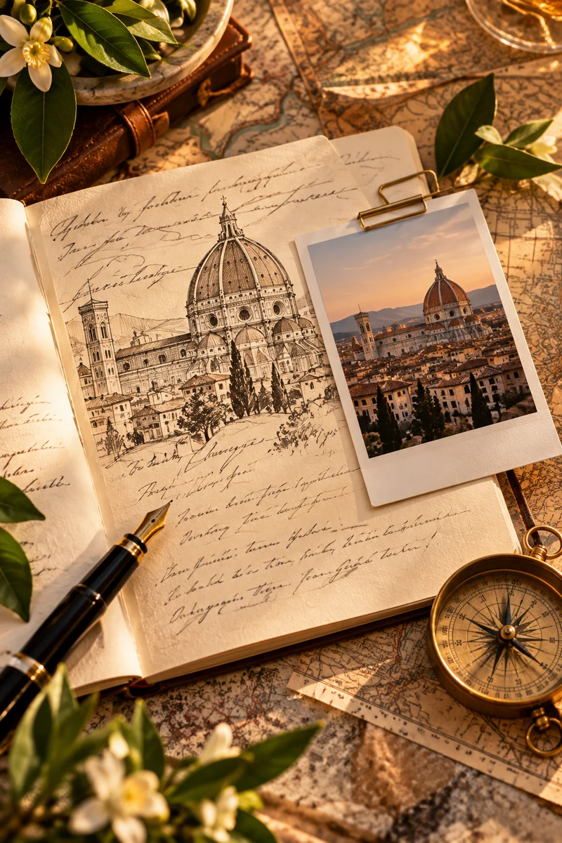Caderno de viagem com desenhos e fotos de Florença