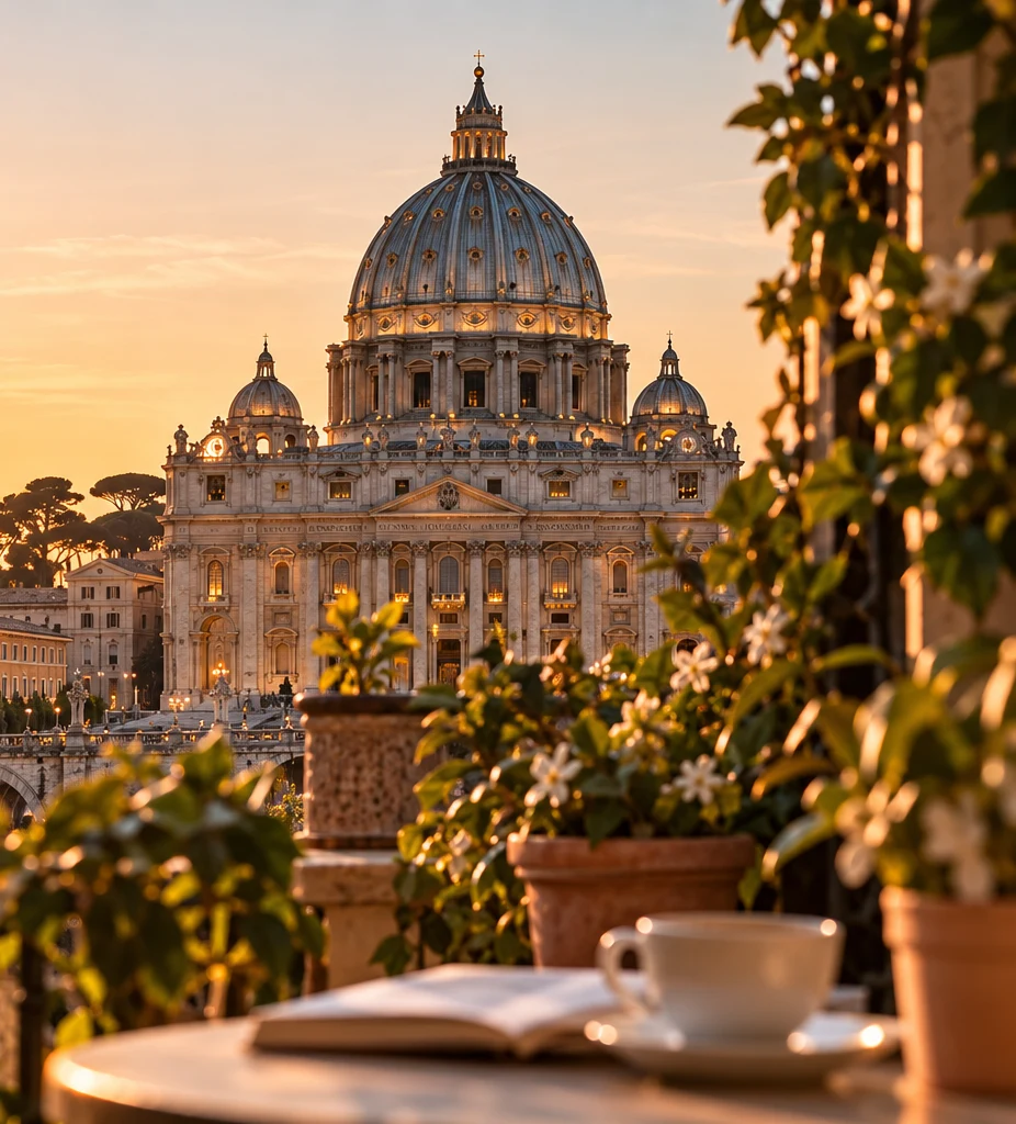Basílica de São Pedro ao pôr do sol, vista de uma varanda florida em Roma
